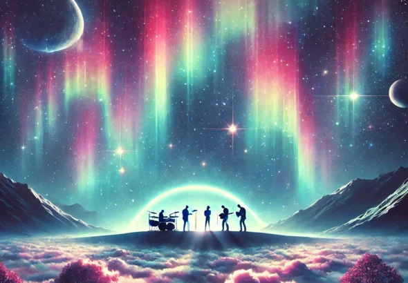 DALL·E 2025-02-15 14.41.28 - An artistic Coldplay-inspired image for a blog post. The image features a dreamy cosmic landscape with a band silhouette performing under a sky filled
