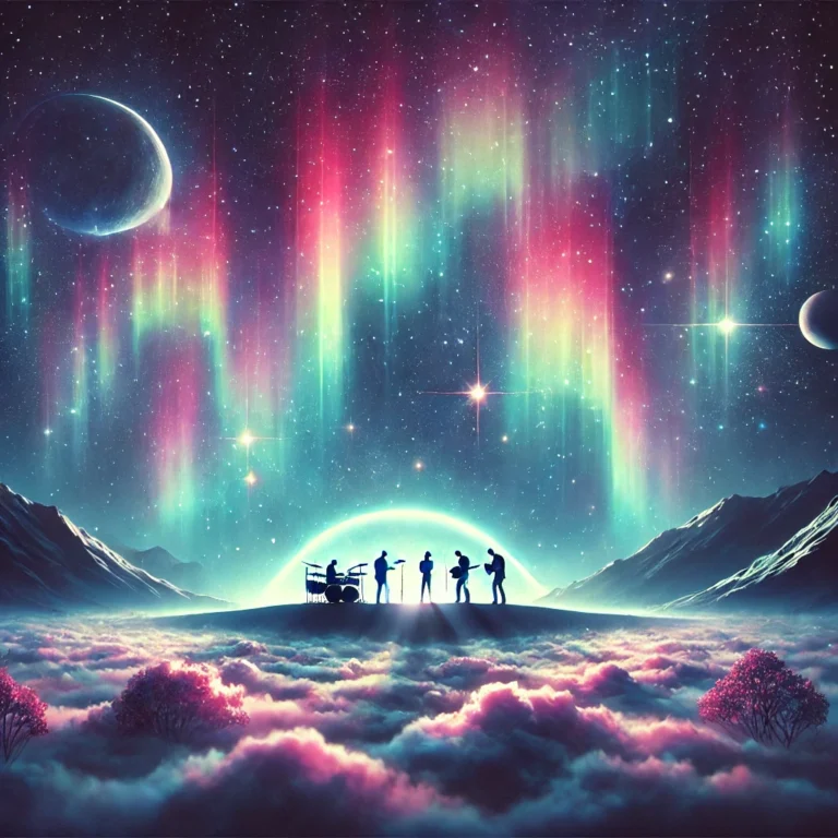 DALL·E 2025-02-15 14.41.28 - An artistic Coldplay-inspired image for a blog post. The image features a dreamy cosmic landscape with a band silhouette performing under a sky filled